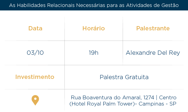 Data: 03/10 | Horário: 19h | Palestrante: Alexandre Del Rey | Invetimento: Palestra Gratuita | Local: Hotel Roayl Plam Tower (Campinas)